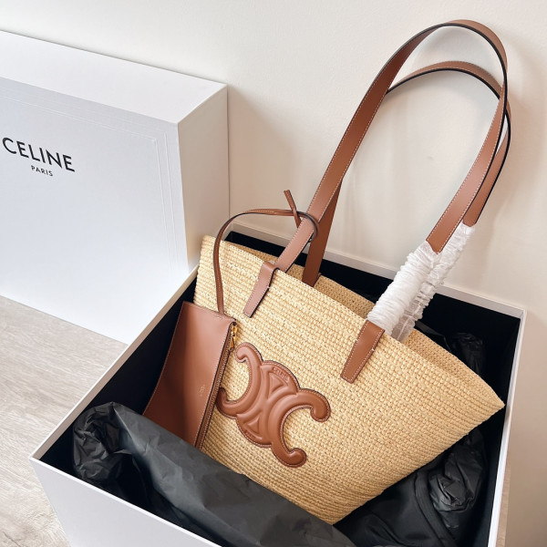 medium S*pple celin* classic panier in raffia and calfskin