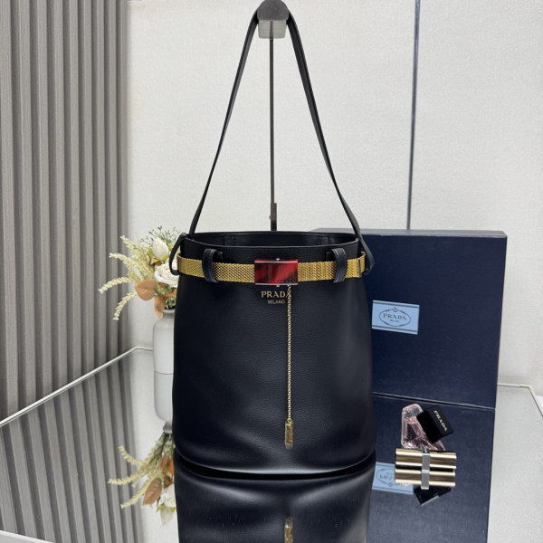 Pra*a buckle leather bucket bag with jeweled belt